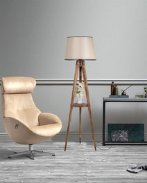 Opviq Lámpara de Pie de Madera con Estantería y Pantalla de Tela Marrón